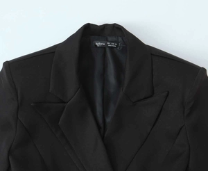 Detailed close-up of the black blazer collar, brand label, and size tag info