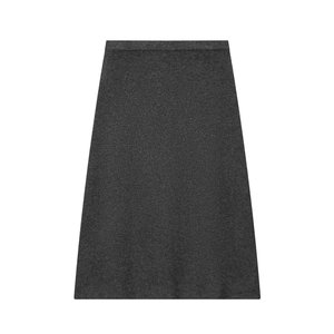 Minimalist charcoal grey knit A-line skirt with high waist design on white background