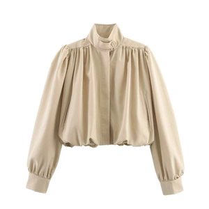 Minimalist beige puffed jacket for women with high stand collar and ruched hem details