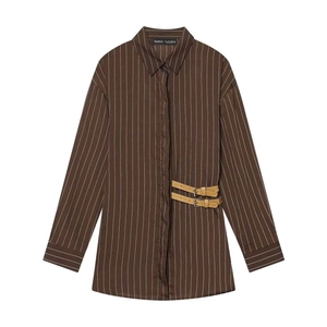 Women's Vintage Striped Long Sleeve Shirt Casual Loose Turn-down Collar Blouse With Buckle Detail Office Commute Top