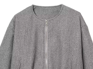 Close-up of grey wool blend bomber jacket showing silver zipper and collar texture