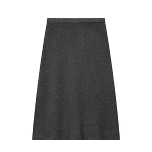 Detailed view of grey knit A-line skirt with elastic waistband and soft fiber texture