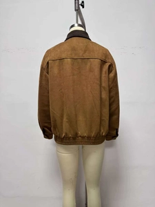 Back view of a brown faux suede jacket with a knit rib collar and elasticated waist hem