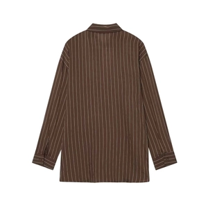 Back view of a loose fit brown and white striped long sleeve shirt with a classic collar