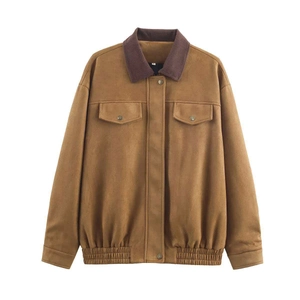 Fashion Faux Suede Lapel Jacket Corduroy Contrast Collar Long Sleeve Outerwear With Pocket Elastic Hem Casual Commute Coat