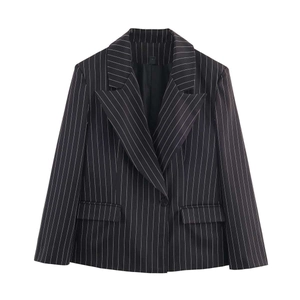 Women Classic Pinstripe Blazer Jacket Long Sleeve Single Button Lapel Office Commute Outerwear With Pockets Polyester