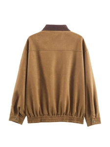 Back view of brown faux suede jacket with ribbed collar and elastic hem details