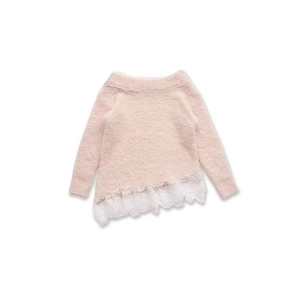 Pink knit sweater for girls with long sleeves and delicate white lace hem detail