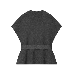 Dark grey V-neck knitted peplum vest with waist belt and thick wool texture