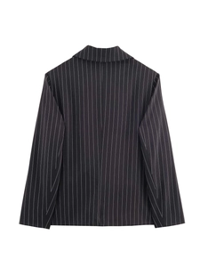 Back view of the minimalist dark pinstripe blazer featuring a clean vertical stripe pattern