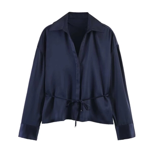 Navy blue satin long sleeve shirt featuring a lapel collar and adjustable waist drawstring