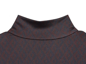 Detailed view of the mock neck collar on a dark brown diamond pattern knit bodysuit