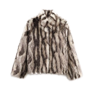 Women Faux Fur Coat Striped Shaggy Jacket Long Sleeve Stand Collar Warm Autumn Winter Streetwear Elegant