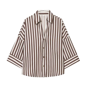 Relaxed fit brown striped shirt with wide sleeves and V-neckline in light fabric
