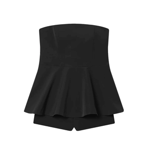 Barboteuse Peplum à Taille Haute et Haut Tube Sexy pour Femmes Coupe Slim Noir Sans Manches Combinaison Jupe-Culotte pour Été Décontracté