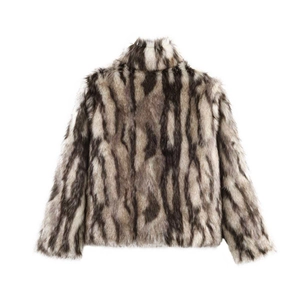 Winter faux fur jacket with animal texture and stand collar in white and brown stripes