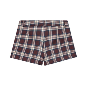 Vue détaillée du short à carreaux avec motif tissé écossais bordeaux et bleu marine