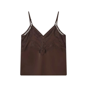 Canotta in Raso e Pizzo Sexy da Donna Scollo a V Spalline Sottili Ricamo Top Elegante Tinta Unita Senza Maniche Maglietta Estiva