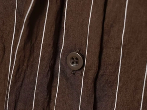 Close-up of a brown striped shirt featuring a polished four-hole button and fine texture
