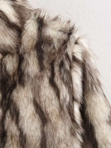 Close-up of the smooth faux fur texture on the collar and shoulder of the winter jacket