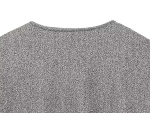 Macro view of grey wool bomber jacket neckline showing round collar and stitch details