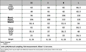 Detailed size chart for beaded poplin shirt showing length, bust, and sleeve measurements