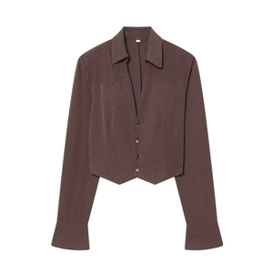 Women Striped Long Sleeve Crop Top V Neck Single Breasted Button Down Short Blouse Shirt Fashion Casual Office Streetwear