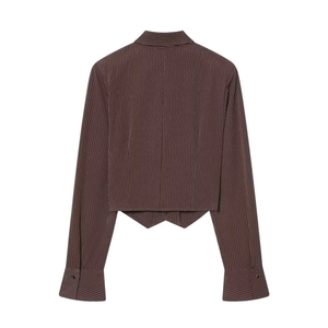 Women's cropped brown striped shirt with padded shoulders and V-shaped back hem detail