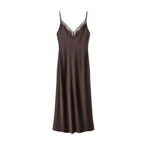 Deep brown satin slip dress with elegant V-neck lace trim and silky finish textures