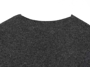 Close-up detail of the crew neck collar and fine knit texture on a dark grey sweater