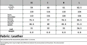 Detailed size chart for black faux leather jacket with measurements for XS to L sizes