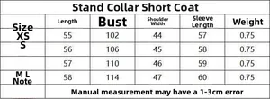 Detailed size guide table for women's short stand collar jacket showing garment dimensions