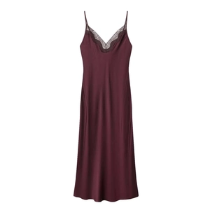 Elegant burgundy satin slip dress with deep V-neck and delicate lace trim detail