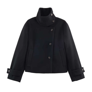 Women's black short wool coat with high neck collar and asymmetric button closure