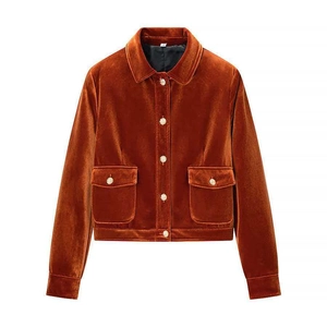 Chaqueta De Terciopelo Para Mujer Abrigo Corto Cuello Solapa Color Sólido Botones Metálicos Bolsillos Con Solapa Elegante Manga Larga