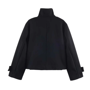Back view of a black short wool jacket featuring a stand collar and chic sleeve straps