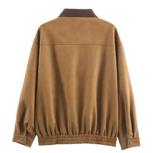 Women's brown faux suede jacket with ribbed lapel collar and elasticated hem back view