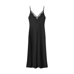 Elegant black satin slip dress with delicate lace V-neckline and slender straps