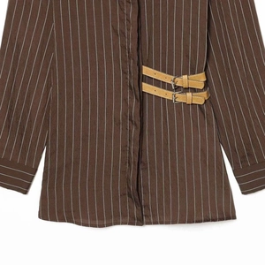 Brown striped long-sleeve shirt with vintage side buckle straps and a polished finish