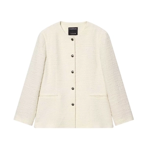 Veste en Tweed Élégante pour Femme Style Petit Parfum Col Rond Blazer à Manches Longues avec Boutons Dorés Couleur Unie