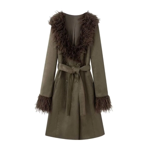 Olive green suede coat with plush faux fur trim and waist belt, flat lay view