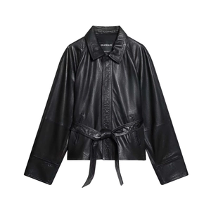 Women Fashion Black Faux Leather Jacket With Belt Lapel Collar Long Sleeve Slim Fit Waist Cinched Autumn Outerwear Coat