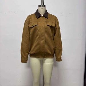 Brown faux suede jacket with corduroy collar and flap pockets for autumn style