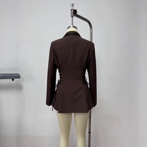 Dark brown tailored blazer for women with lace-up side details shown from the back view