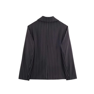 Back view of a classic black and white striped blazer with a minimalist tailored fit