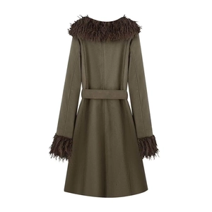 Army green long suede coat with plush faux fur collar and waist belt back view