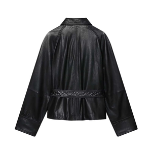 Back view of black leather jacket with cinched waist and dropped shoulder design