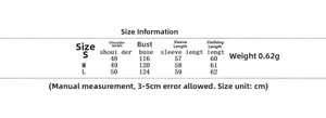 Detailed size chart for minimalist khaki tie-front jacket showing S to L measurements