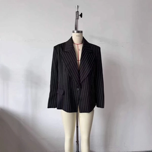 Classic black and white pinstripe blazer with wide shoulders and single button closure