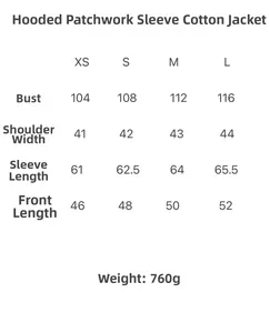 Size guide for women hooded puffer jacket with chest and length measurements XS to L